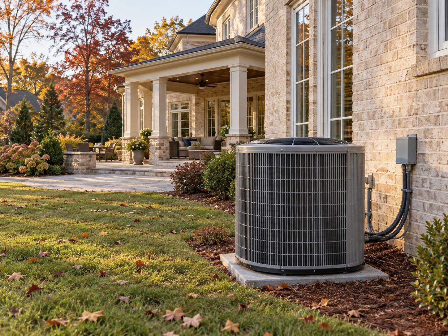 Residential heat pump beside a light-brick home with a landscaped patio and autumn foliage